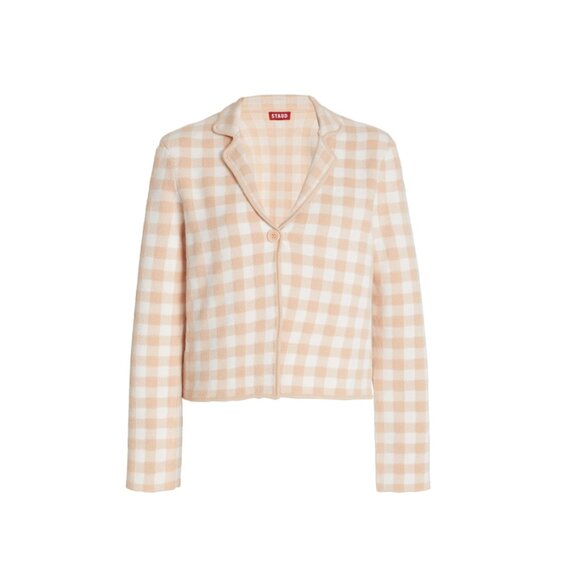 STAUD Juliette Gingham Jacquard Knit Top Jacket Neutral Size Medium - Picture 4 of 12